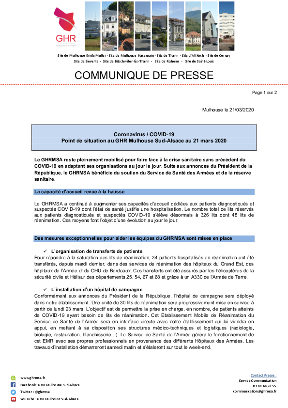 COVID-19 : Point de situation au GHRMSA Samedi 21 mars 2020 - GHR Mulhouse Sud Alsace